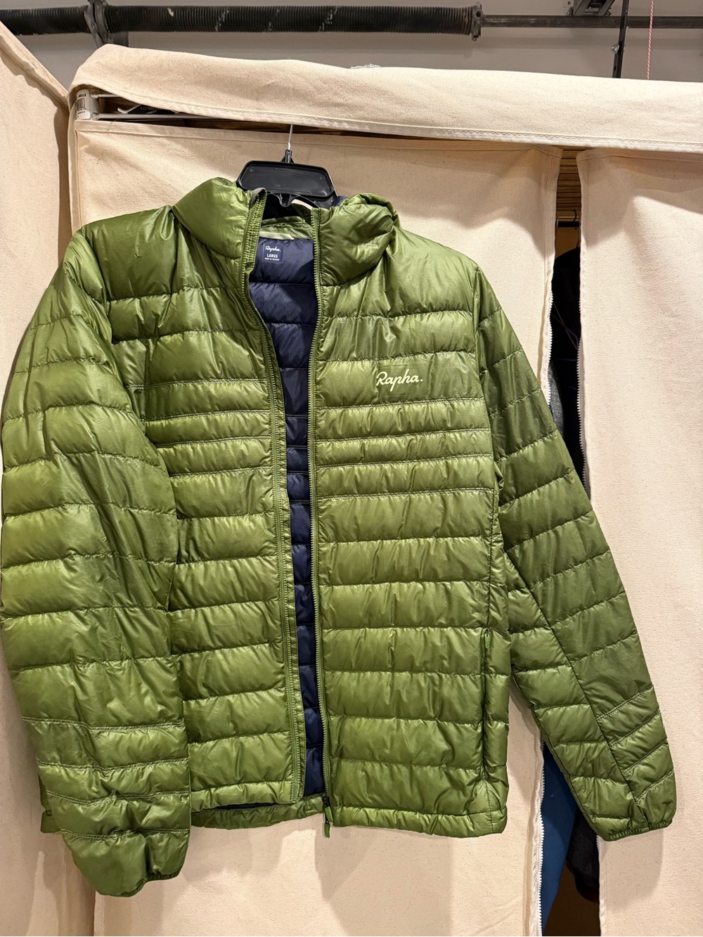 Rapha Olive Green Quilted Jacket with Navy Lining
